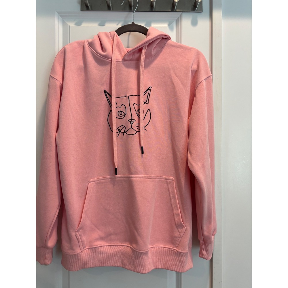 Pink Cat Line Art Embroidered Pullover‎ Hoodie Sweatshirt Womens Casual Pink - Picture 3 of 5